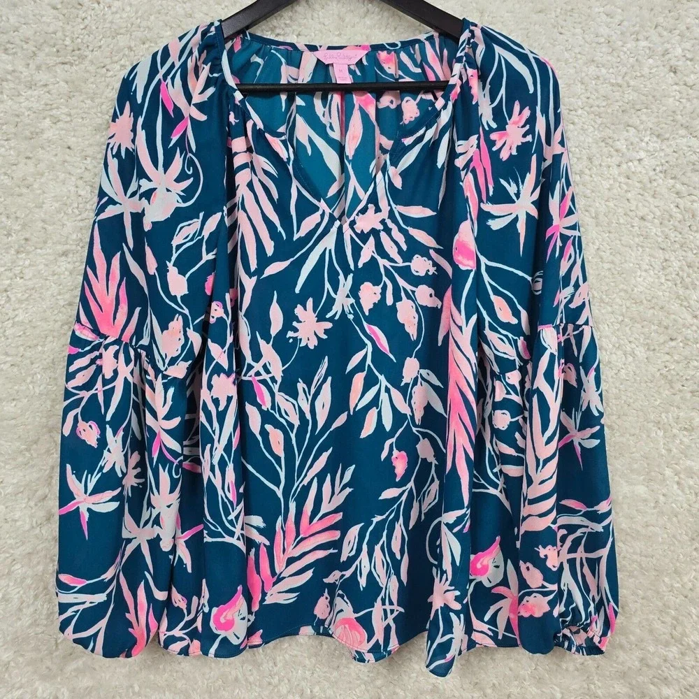 Lilly Pulitzer Womens Charleigh Top Medium Floral V-Neck Balloon Sleeve Flowy - Picture 1 of 14